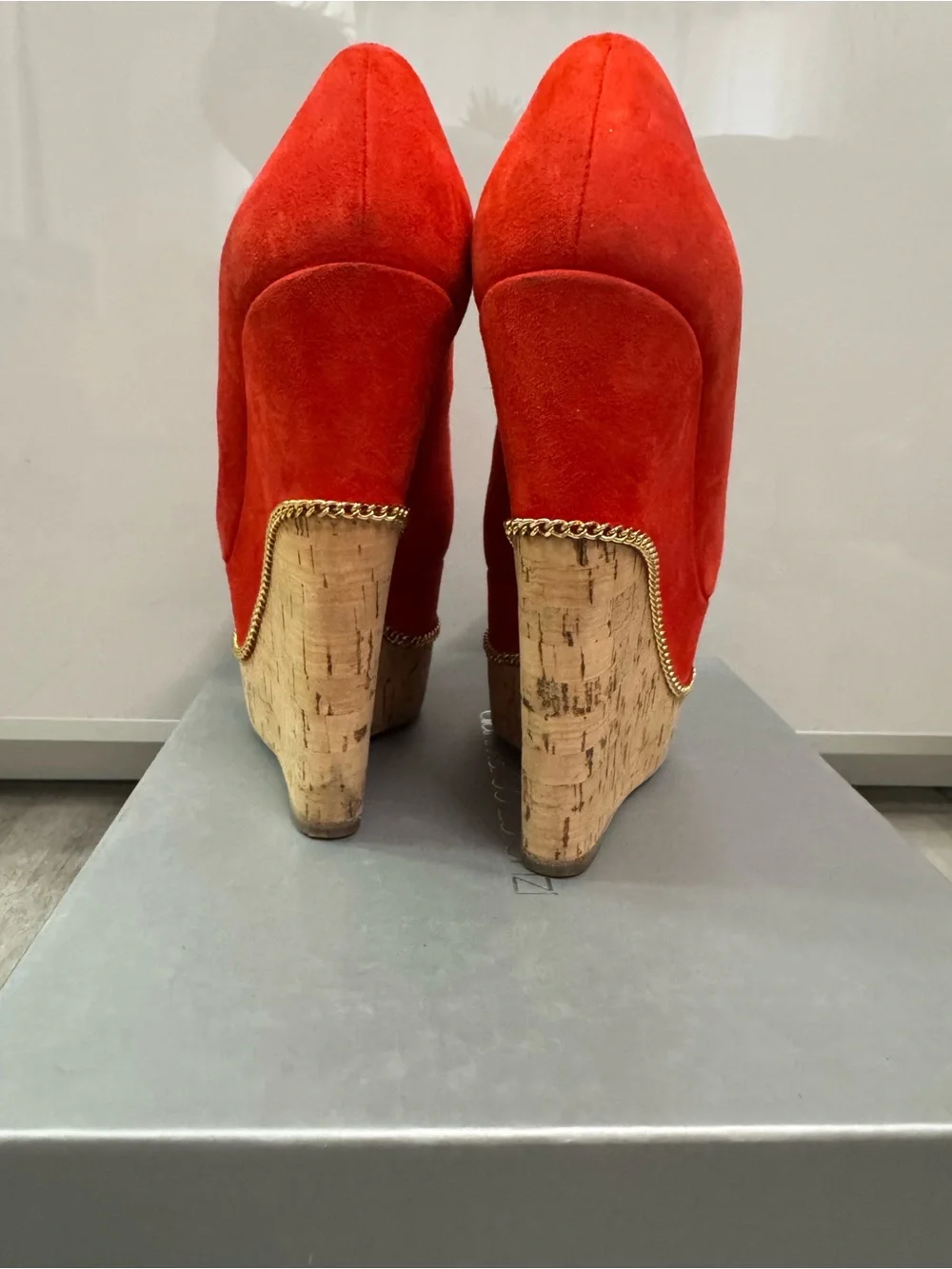 Gianmarco Lorenzi Orange-Red Suede Peep-Toe Platform Pumps with Gold Chain Trim